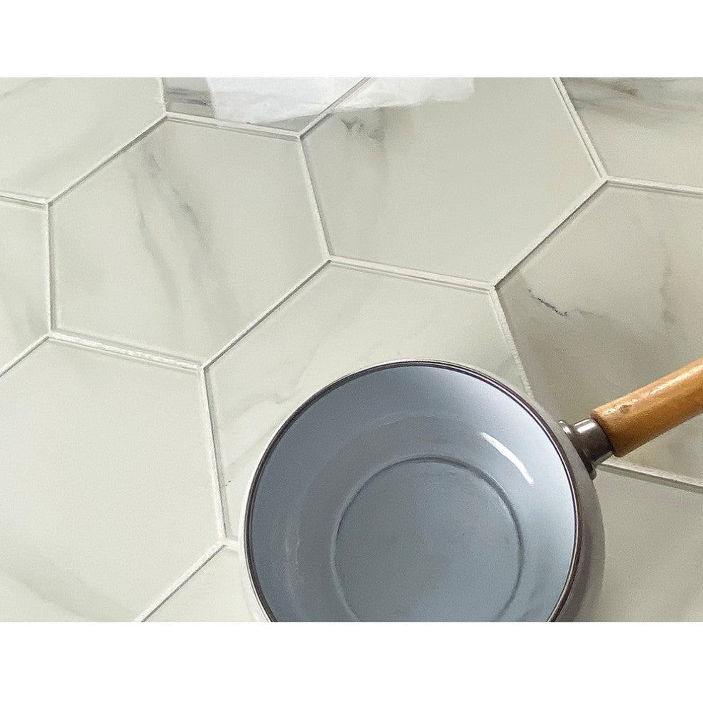 Nature 8 in x 8 in Glass Hexagon Tile in Calacatta White, Set of 20