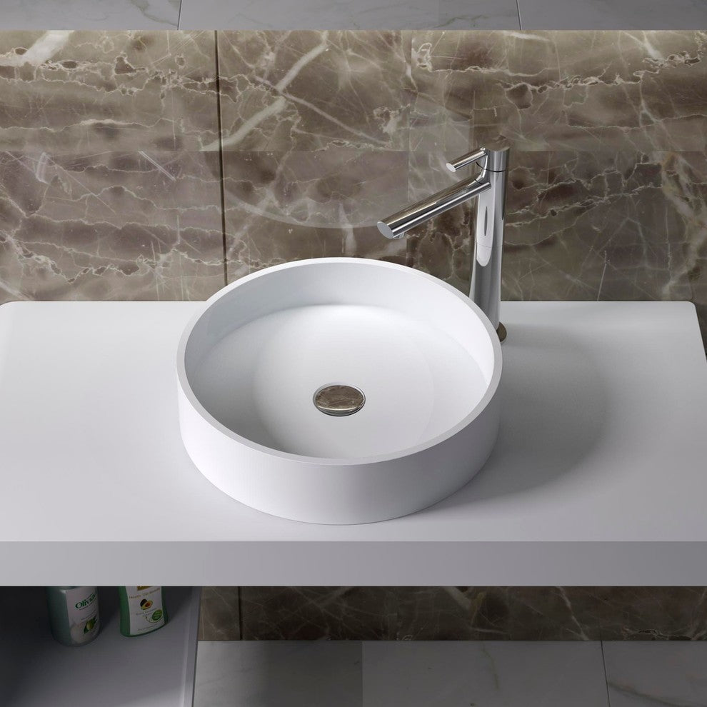 ADM Circular Countertop Vessel Sink, White, 17", Glossy White