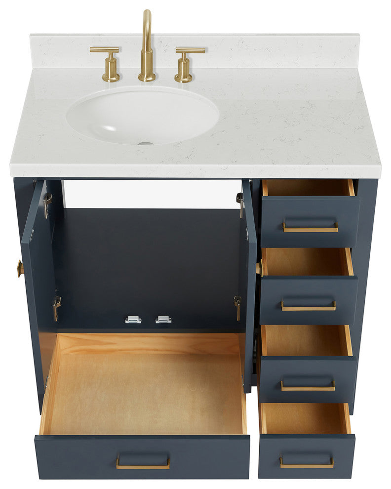 Ariel Cambridge 36" Left Offset Single Oval Sink Vanity, Carrara Quartz, Midnight Blue