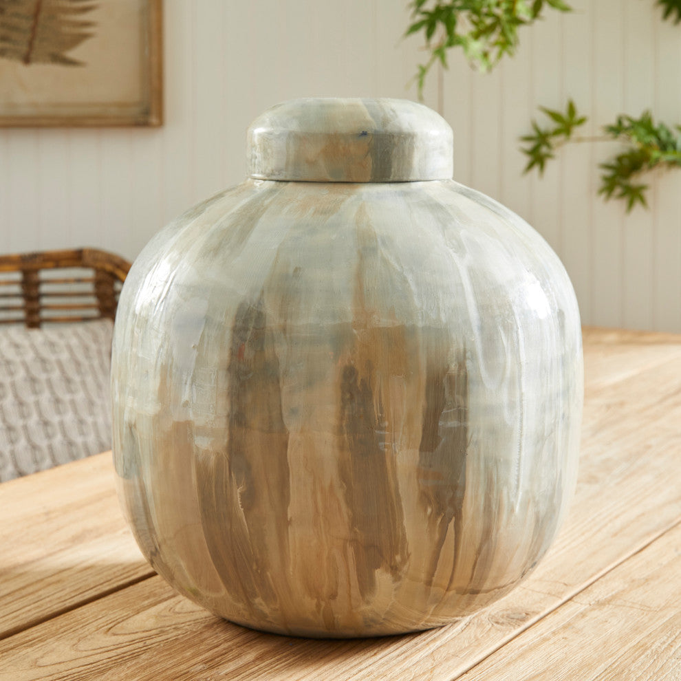 Elegant Enamel Metal Earth Tones Glossy Decorative Jar Cream Pearl White Modern