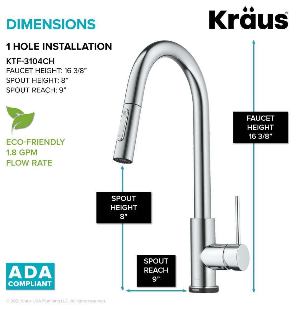 Oletto Pull-Down 1-Hole Kitchen Faucet, Chrome, Model Ktf-3104ch