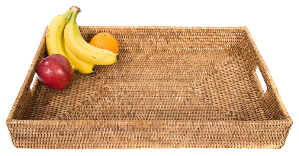 Artifacts Rattan Rectangular Tray With Cutout Handles, Honey Brown, Large