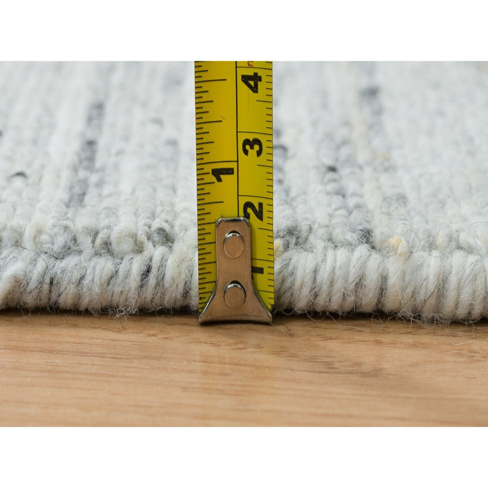 Ivory Plain Modern Striae Wool Hand Loomed Runner Oriental Rug, 2'8"x14'