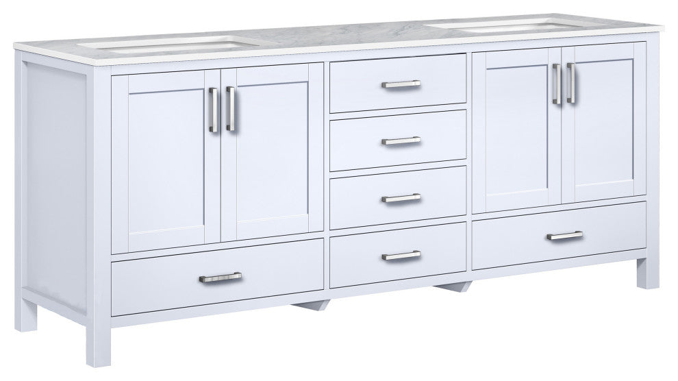 Jacques 80" White DB Vanity, White Carrara Marble Top, Square Sinks, no Mirror