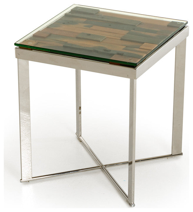 HomeRoots 22" Mosaic Wood Steel and Glass End Table