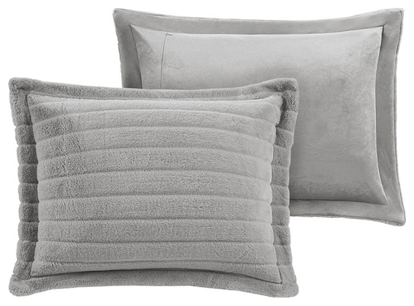 Madison Park Amara Striped Faux Fur Plush Comforter Mini Set, Grey, Grey, King/C