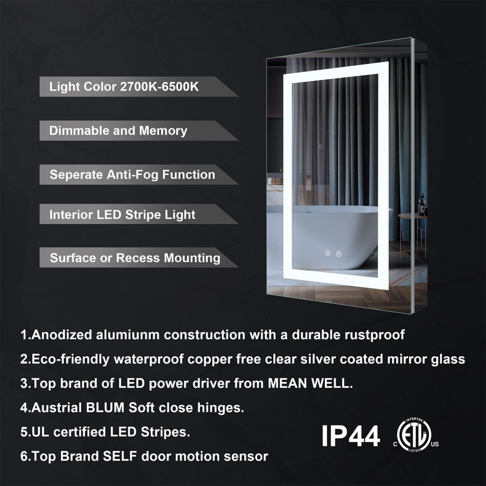 Recessed/Surface Mount LED Medicine Cabinet Mirror with Defogger, 20"x30" Right Hinge