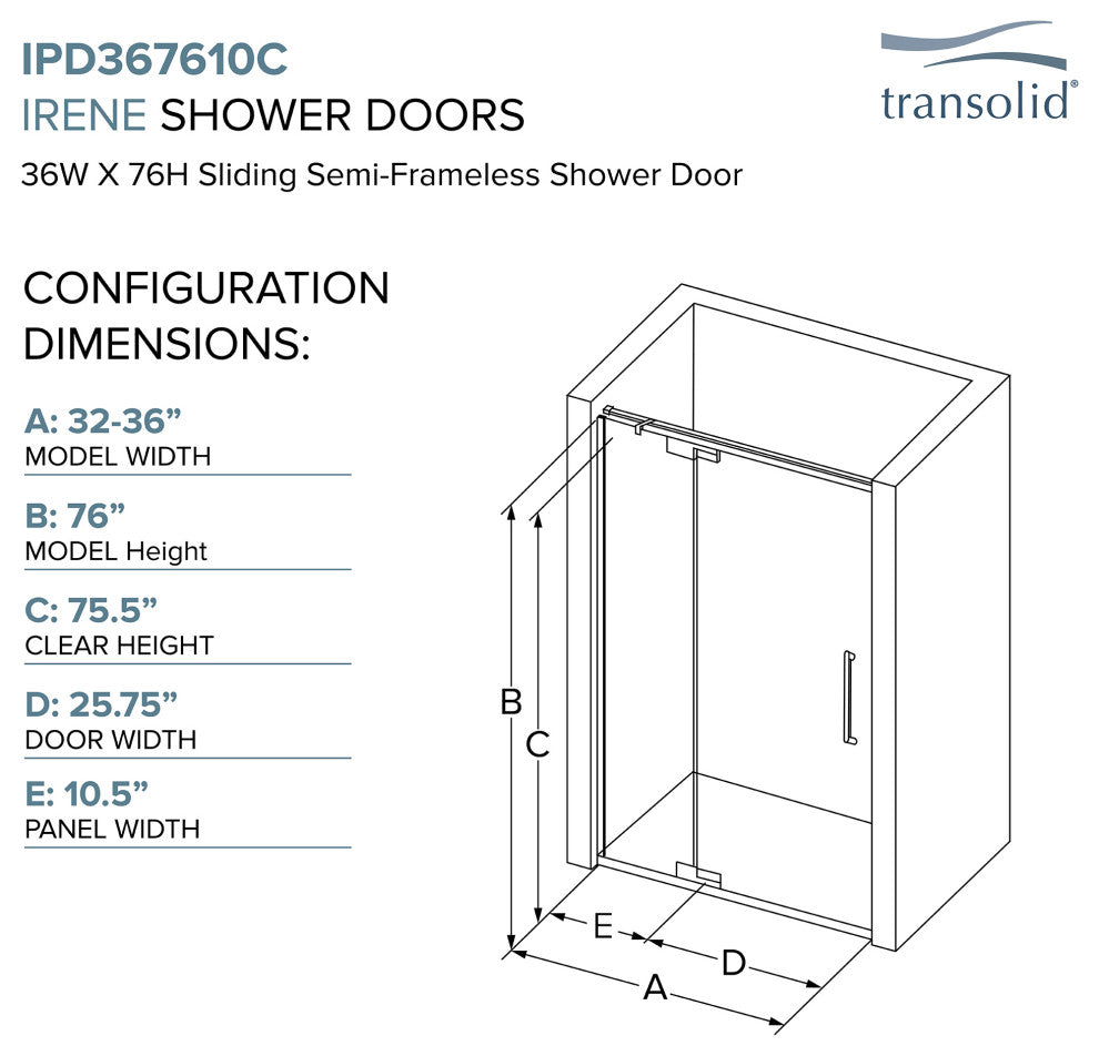 Transolid Irene 36"W x76"H Pivot Shower Door in Polished Chrome with Clear Glass