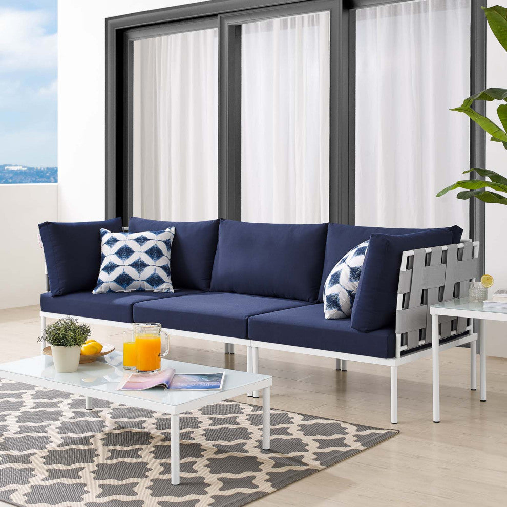 Lounge Sofa, Sunbrella, Aluminum, Metal, Gray Blue Navy, Modern, Outdoor