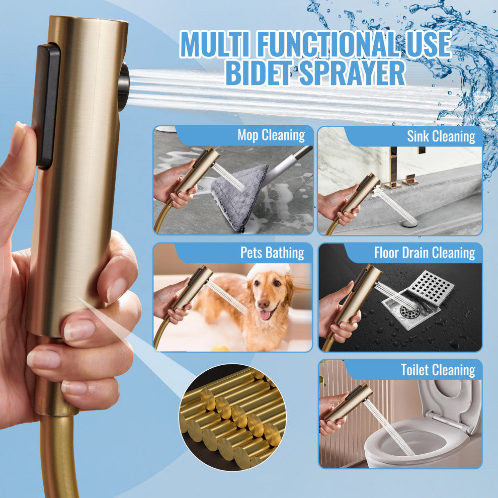 Exposed 4-Function Thermostatic Shower System with Spray Gun and Tub Spout, Brushed Gold