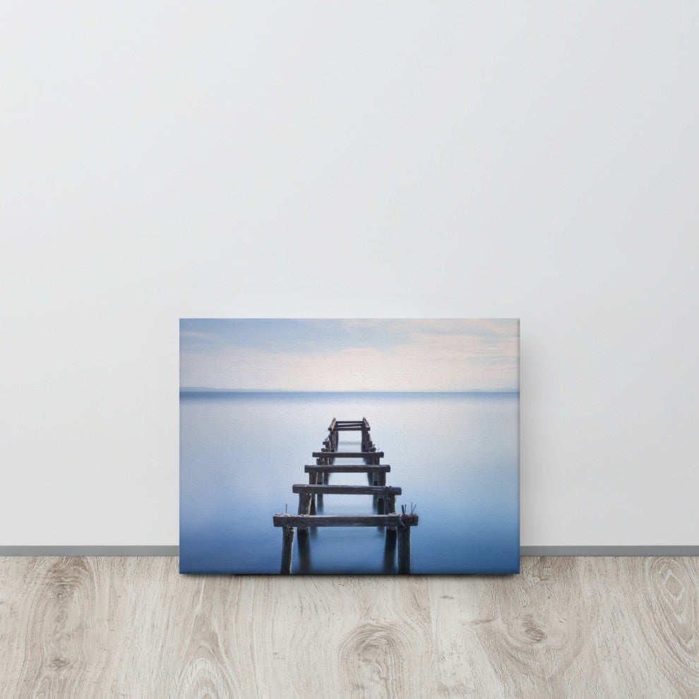 Soft Blue Lake and Abandoned Pier Coastal Landscape Photo Canvas Wall Art Print, 12" X 16"
