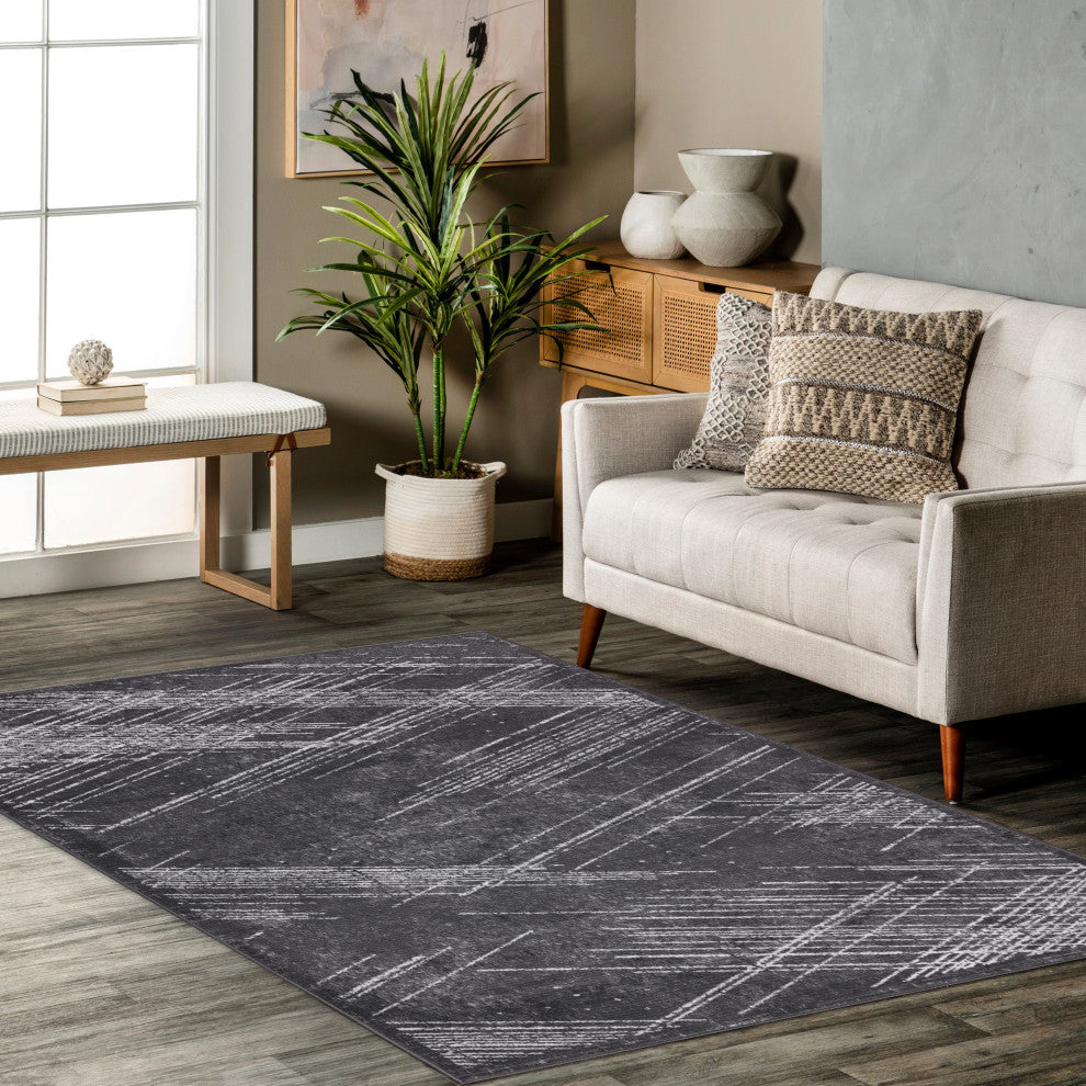 Low-Pile Sidney Charcoal/Ivory Rug, Charcoal, 8'8"x12'