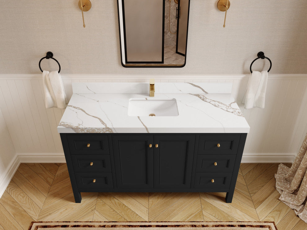 Nashville 60" Single Bathroom Vanity, Black 2" Calacatta Gold