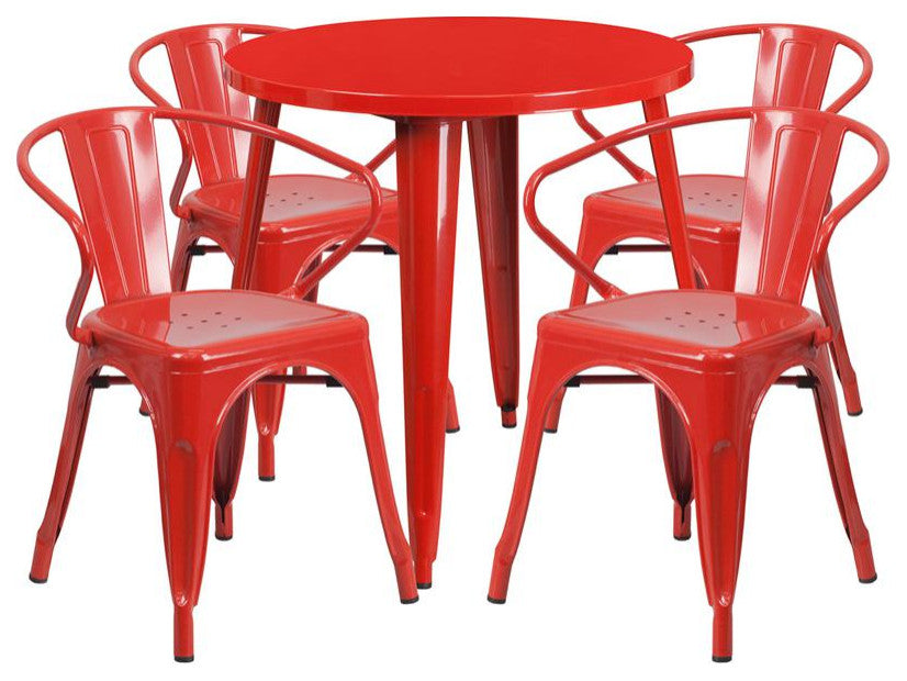 Commercial Grade 30" Round Red Metal Indoor-Outdoor Table Set with 4 Arm Chairs