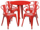 Commercial Grade 30" Round Red Metal Indoor-Outdoor Table Set with 4 Arm Chairs