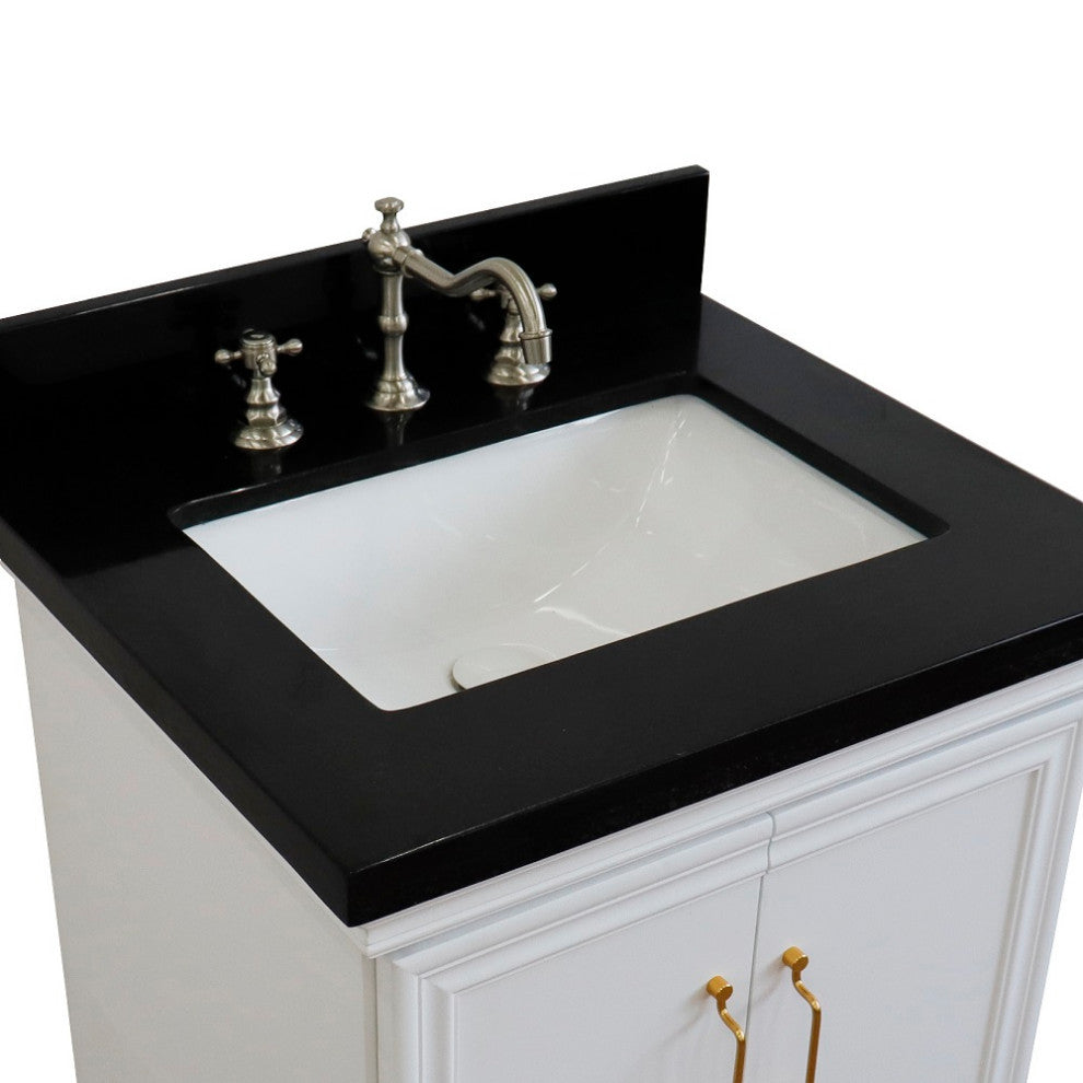 25" Single Vanity, White Finish With Black Galaxy And Rectangle Sink