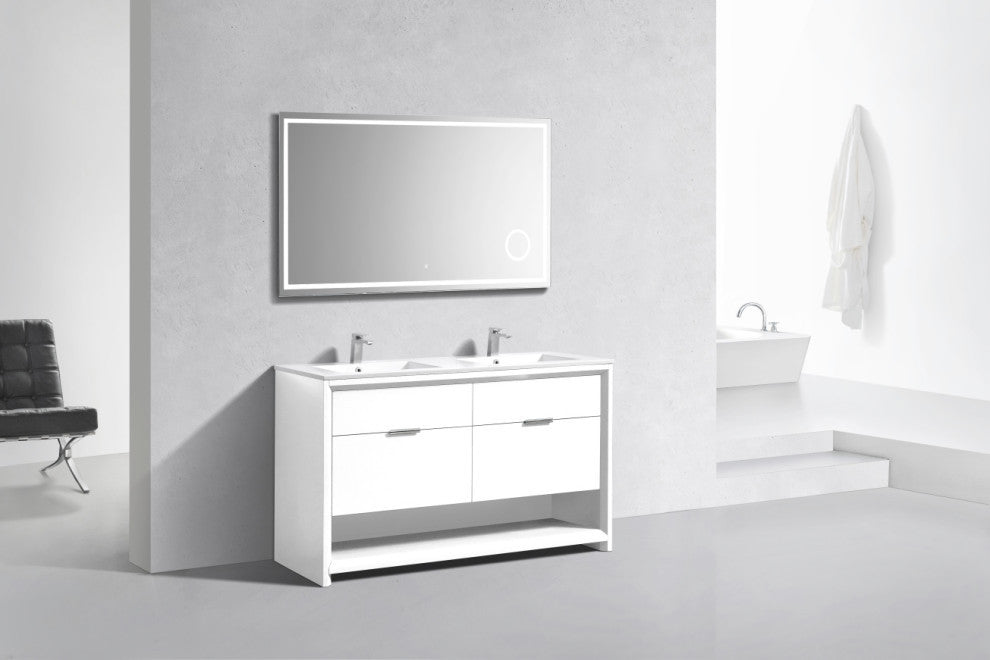 KubeBath Nudo 60'' Double Sink Floor Mount Modern Bathroom Vanity, Gloss White
