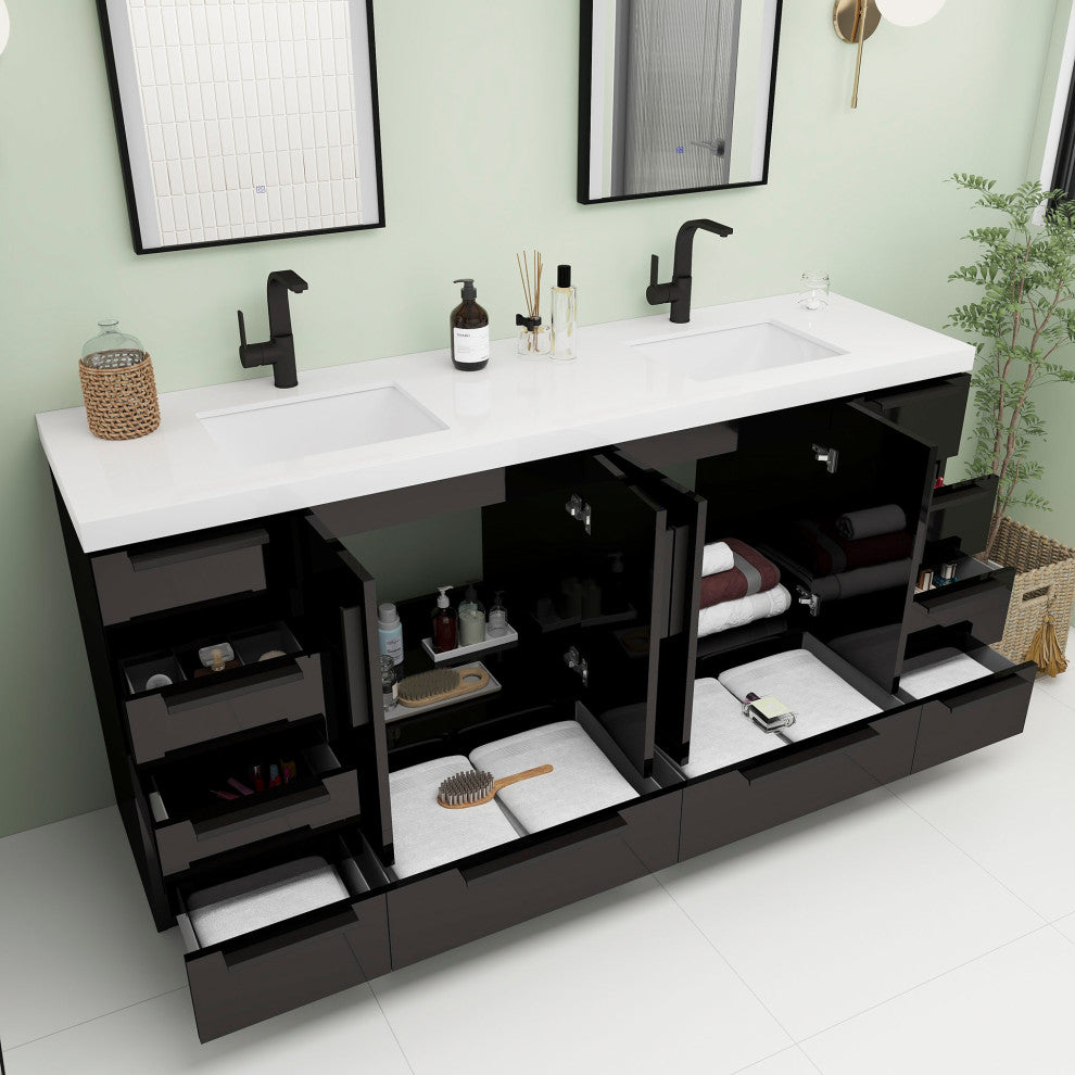 Carla 72" Freestanding Bathroom Vanity With Double Sink, Gloss Black