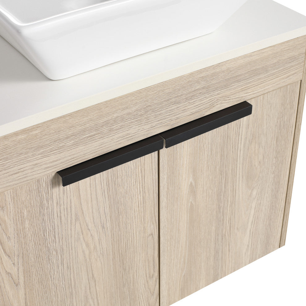 Wall-Mounted Bath Vanity, White Oak, White Ceramic Vessel Sink