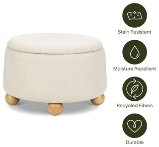 Tuffet Storage Ottoman, Performance Ivory Boucle With Honey Ball Feet