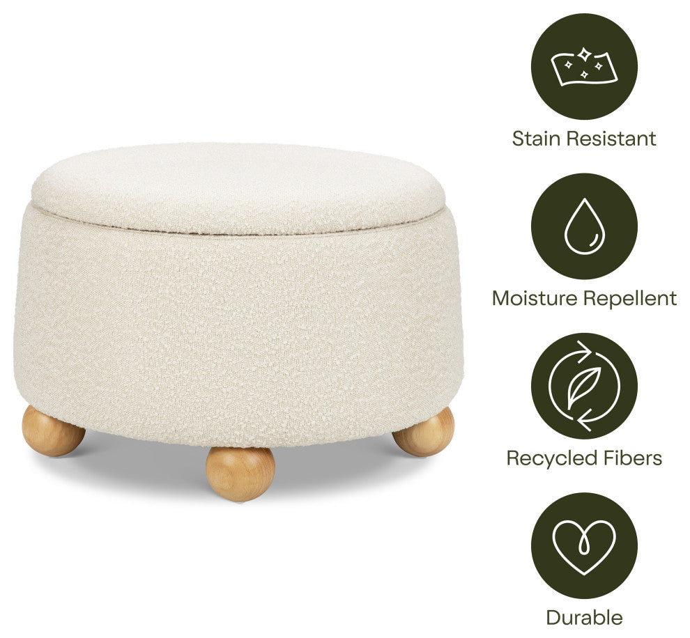 Tuffet Storage Ottoman, Performance Ivory Boucle With Honey Ball Feet