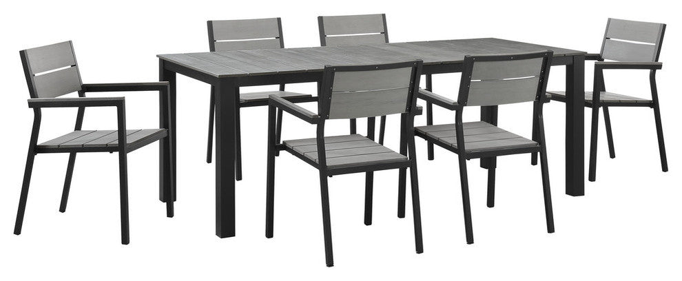 Modern Urban Contemporary Set of 7 Outdoor Patio Dining Set, Brown Gray Steel