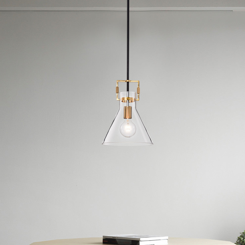 1-Light 10" Cone Glass Pendant, Black/Antique Gold