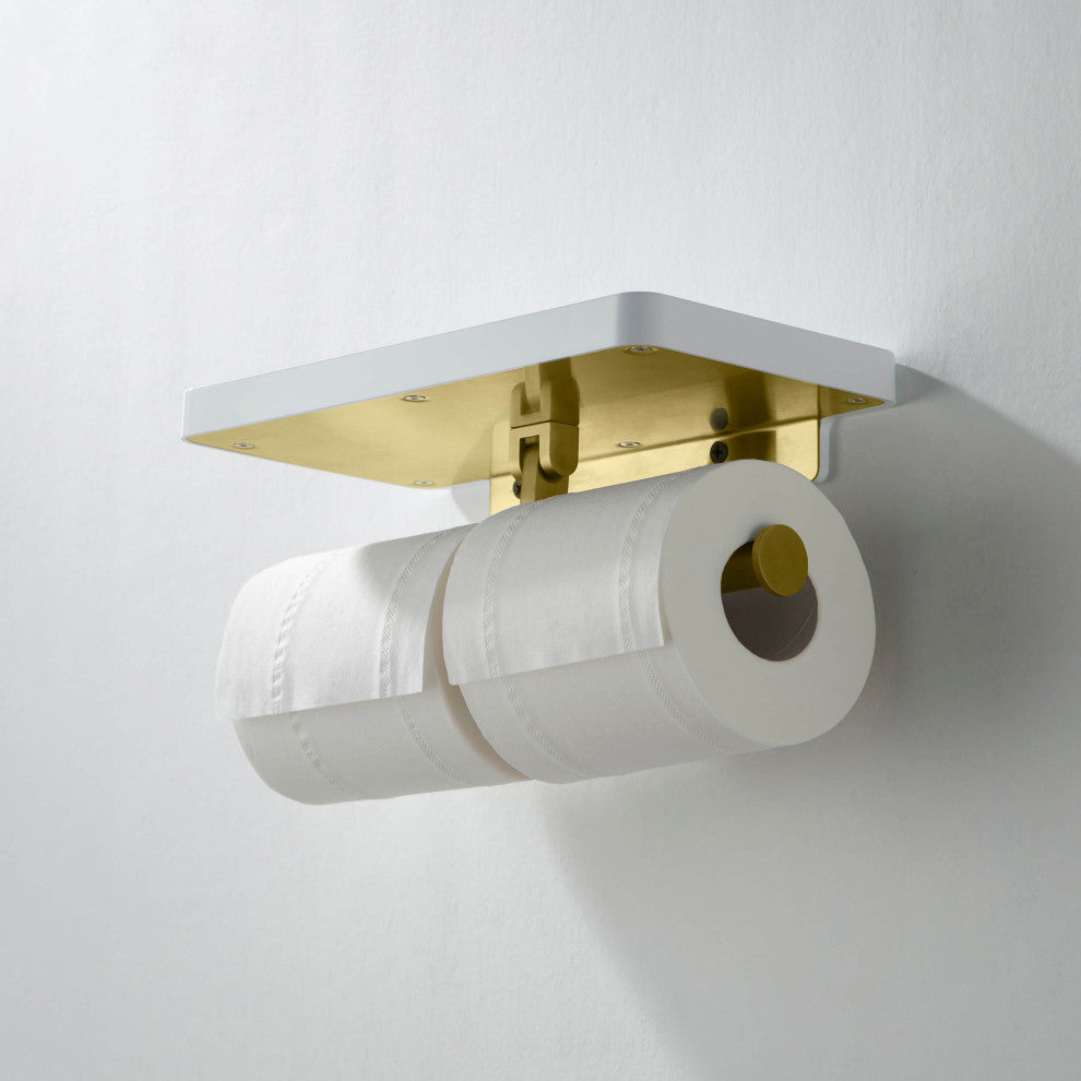 Deco Bathroom Toilet Paper Holder Double Roll With Shelf, Brushed Gold
