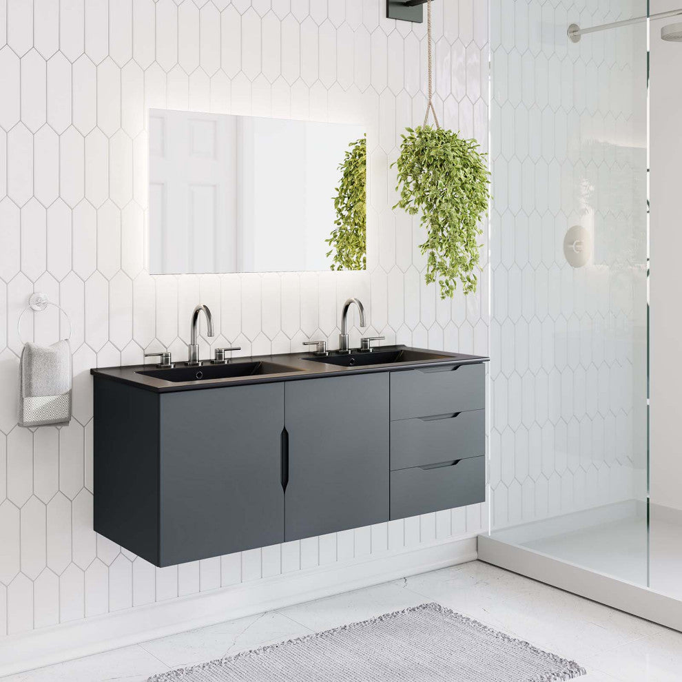 Double Sink Vanity Cabinet, Gray Black, Ceramic, Modern, Hotel Bathroom