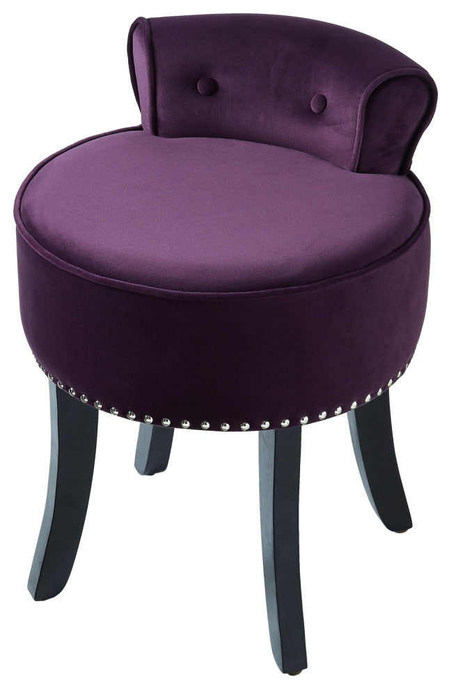 Ludovic Velvet Contemporary Nailhead Trim Rolled Back Vanity Stool, Purple
