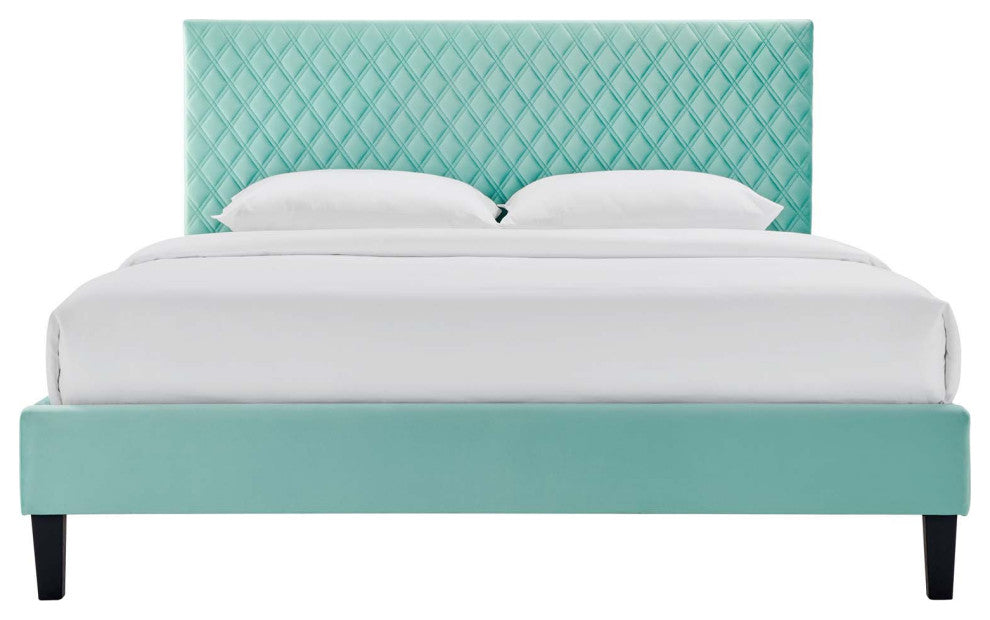 Platform Bed Frame, King Size, Blue, Velvet, Modern, Bedroom Master Guest Suite