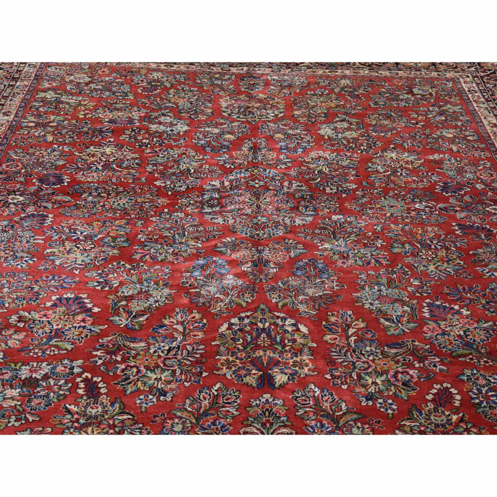Tomato Red, Antique Persian Sarouk Hand Knotted 100% Wool Rug, 10'5" x 13'7"