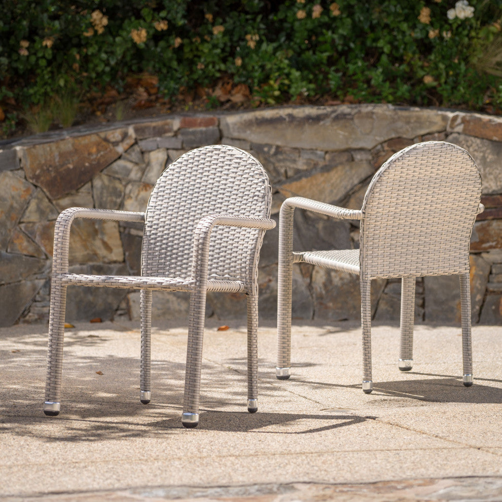 GDF Studio Ava Outdoor Wicker Armed Aluminum Framed Stack Chairs, Set of 2, Chat