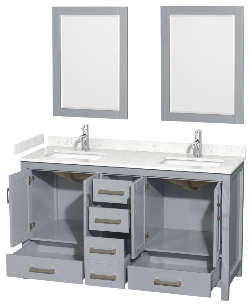 60"DBL Bathroom Vanity Gray, Carrara Cult. Marble Countertop, Sinks, 24" Mirrors