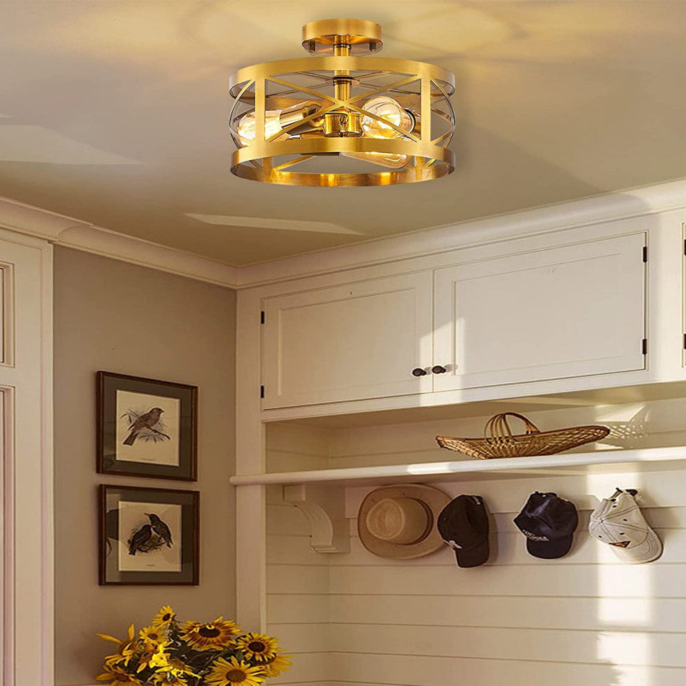 3 Light Modern Semi Flush Mount, Round Cage