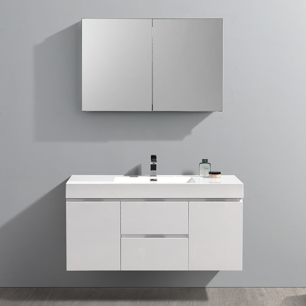 Valencia 48" Glossy White Wall Hung Vanity Set, Cabinet, Faucet FFT3071BN