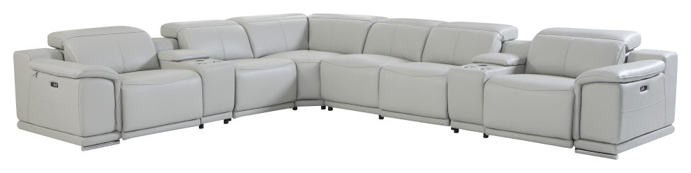 Federico 8-Piece L-Shaped Top Grain Italian Leather Sectional-3 Power Recliners, Light Gray