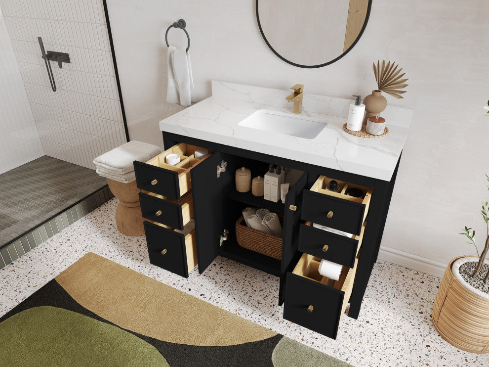 Chicago 48" Single Sink Bathroom Vanity, Black 2" Carrara Marble