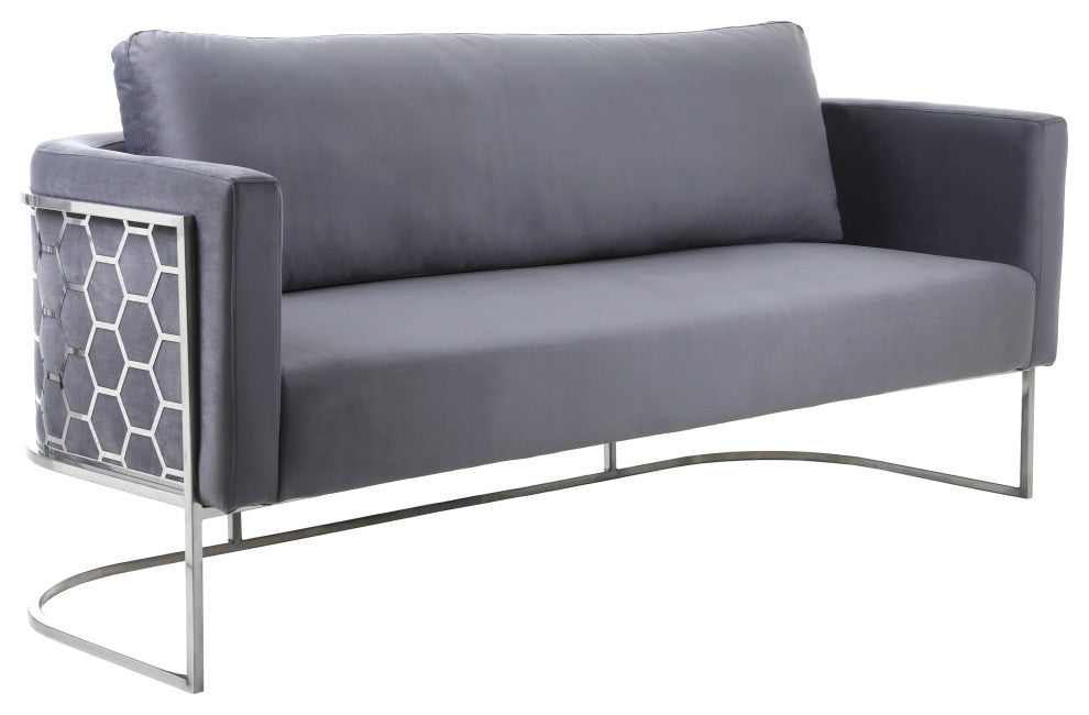 Casa Velvet Upholstered Sofa, Grey, Chrome Finish