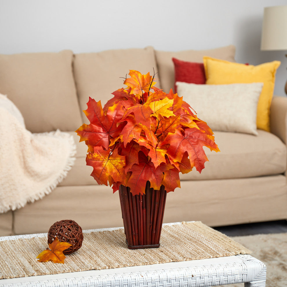 19" Autumn Maple Leaf Artificial Plant, Decorative Planter