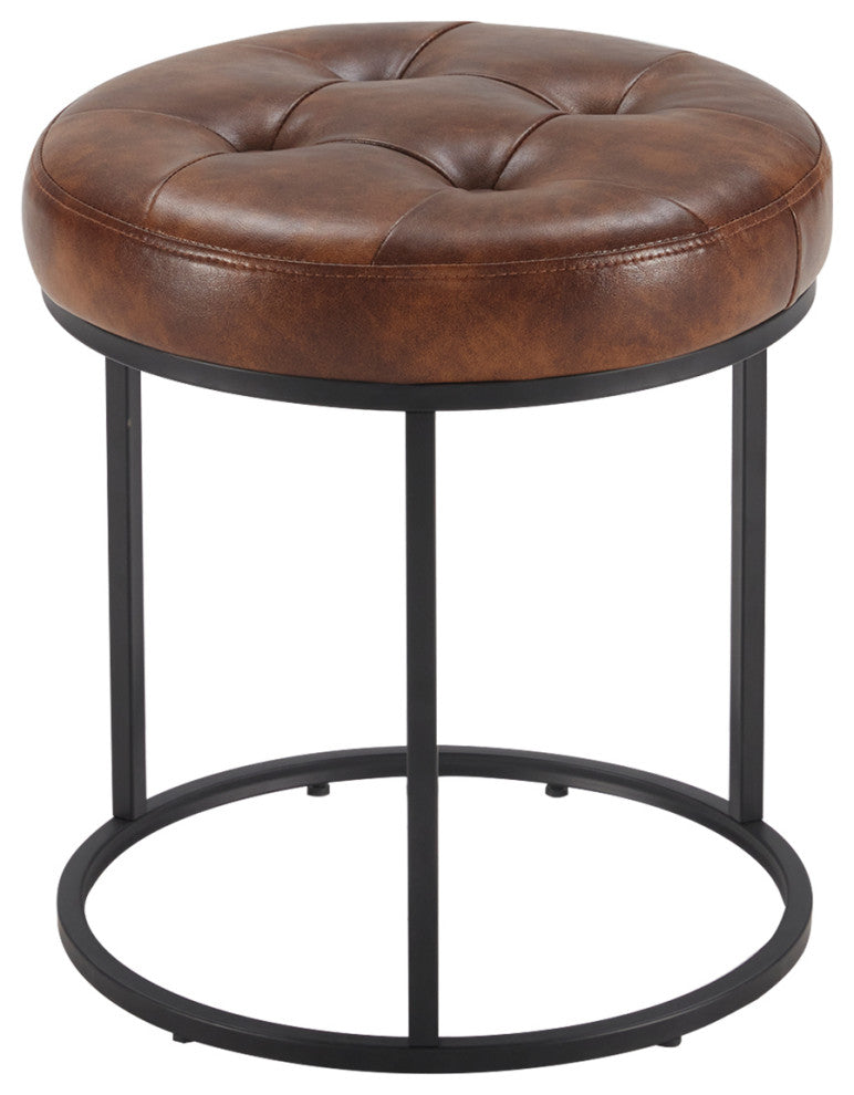 Round Open Base Faux Leather Vanity Stool, Yellowish Brown