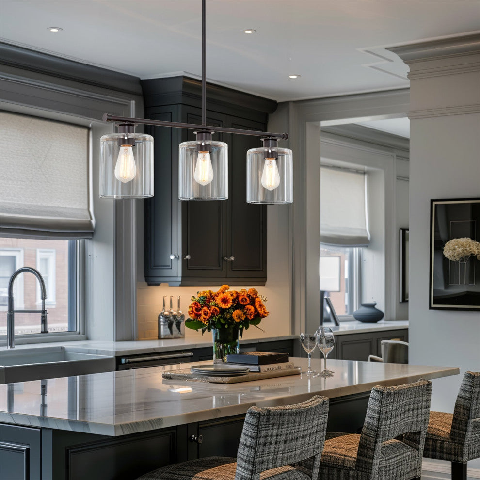 Kira Home Sloane 31" Farmhouse Island Light, Glass Cylinder Shades, Adjustable