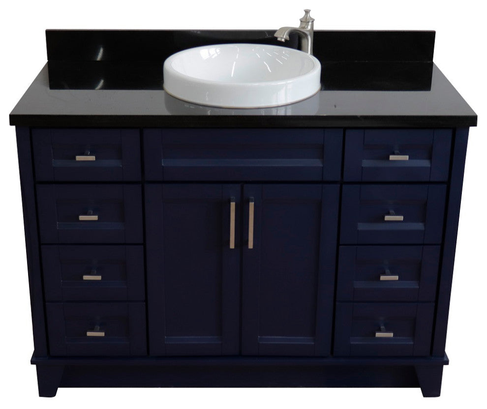49" Single Sink Vanity, Blue Finish With Black Galaxy Granite And Round Sink