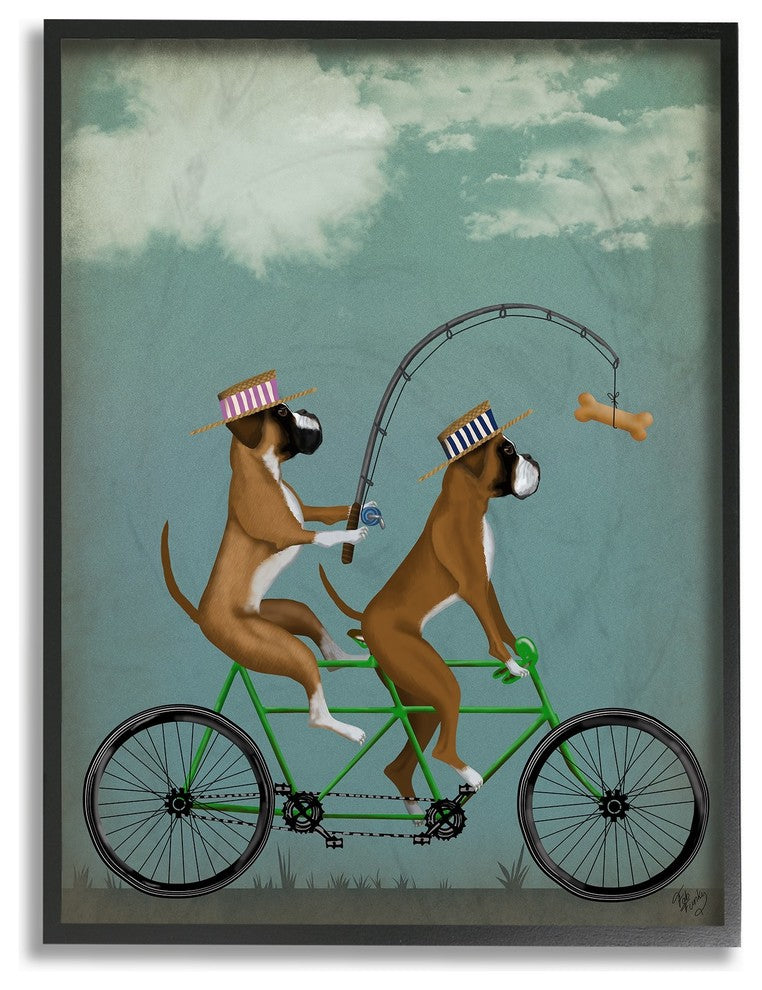 Boxer Dogs Share a Bicycle Framed Giclee Texturized Art, 11"x14"