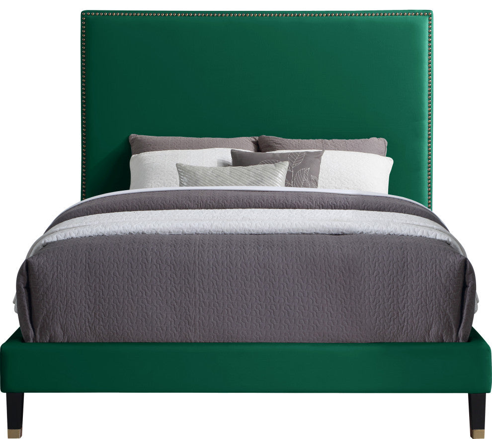 Harlie Velvet Upholstered Bed, Green, Queen