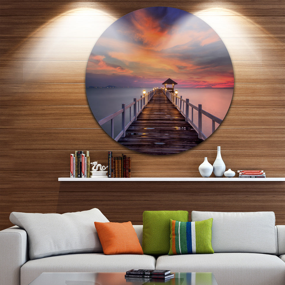 Dark Seashore Pier Under Colorful Sky, Sea Pier Round Artwork, 11"