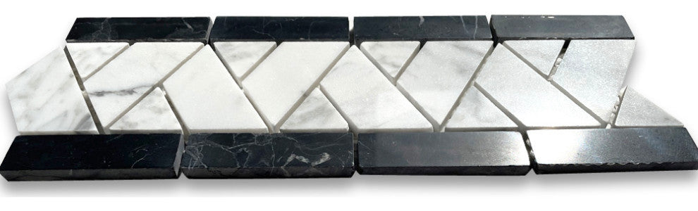 Mosaic Border Carrara White Marble Herringbone Listello Tile Polished, 1 sheet