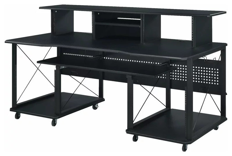 Large Desk, Multipurpose Design With Open Compartments & Grommets, Black