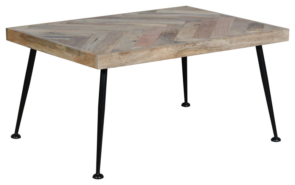Benzara UPT-262396 Mango Wood Coffee Table, Herringbone Iron Legs, Brown, Black
