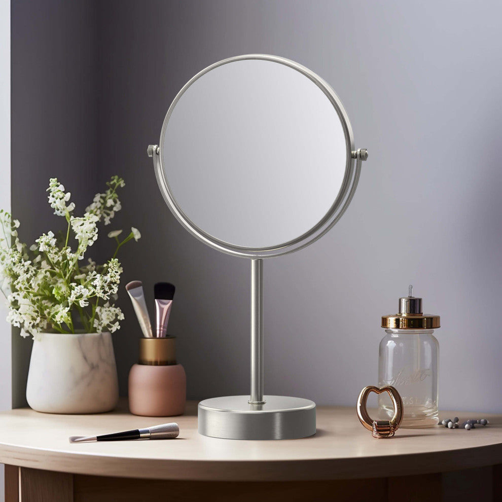 Circular Free Standing Magnifying Make Up Mirror, Brushed Nickel
